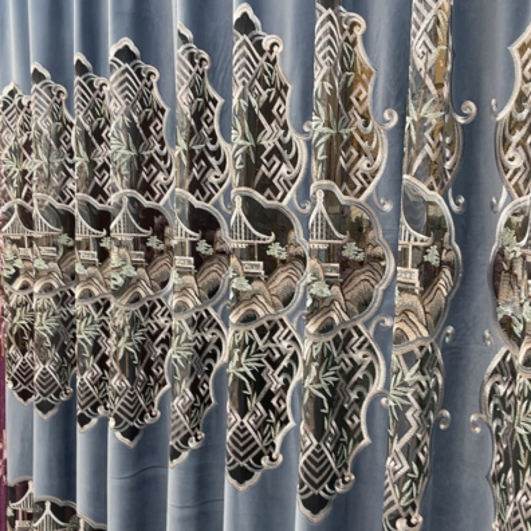法兰绒雾霾蓝大镂空绣花窗帘