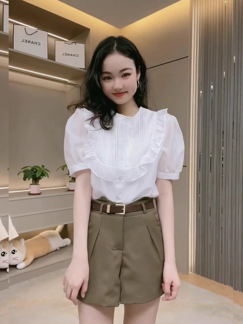 夏季薄款白衬衫女设计感小众荷叶边拼接韩版泡泡短袖休闲别致上衣