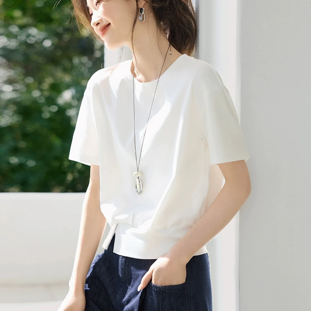 品质女装2025夏季新款T恤女休闲百搭设计感下摆开叉装饰扣短袖T恤