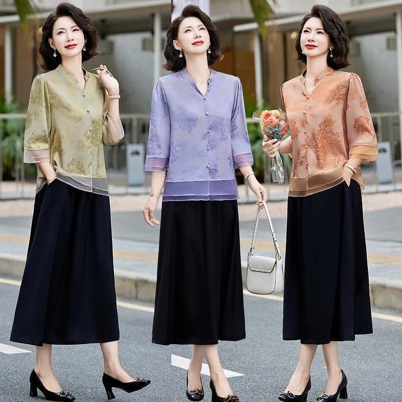 中老年女装时尚中国风妈妈夏季新款中式爆款上衣洋气气质衬衫开衫