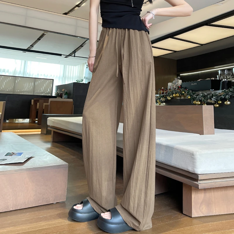 冰丝阔腿裤女夏季薄款2025新款宽松慵懒风咖色棉麻山本裤休闲裤子