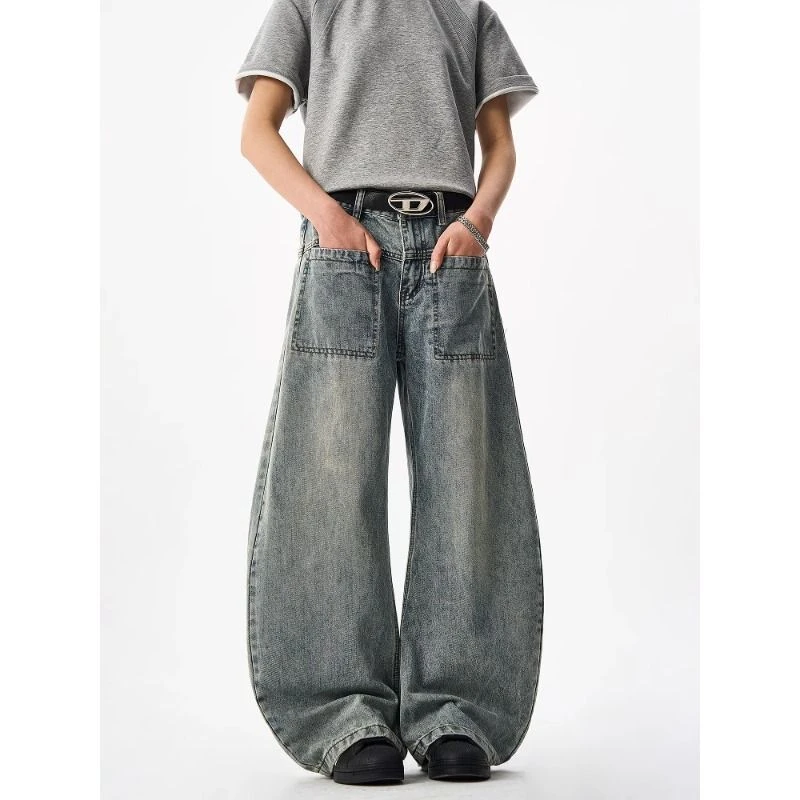 复古水洗前口袋反穿设计弯刀牛仔裤男直筒阔腿美式设计感休闲长裤