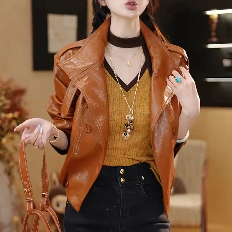 2025年秋季简约裂纹复古洋气高级感百搭皮衣外套女潮流时尚