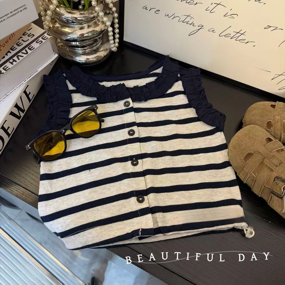 2025年新款夏季无袖上衣条纹拼接女童时尚百搭女宝儿童