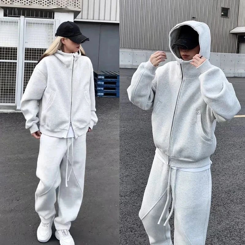 【高品质套装】美式简约重磅连帽卫衣开衫男潮流休闲裤宽松两件套装