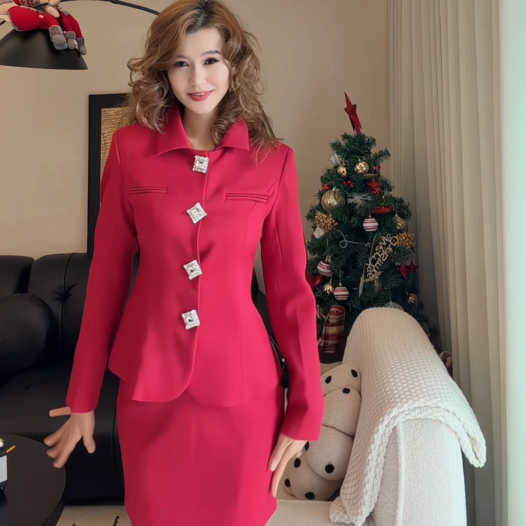 跨年款红色时尚钻钻扣高级感短裙两件套套装