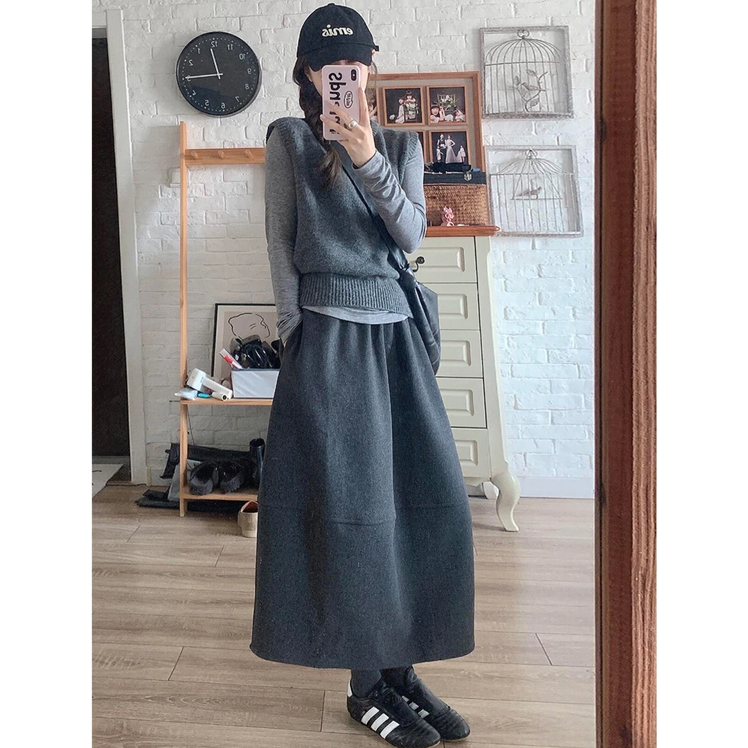 大码小个子深灰色毛呢中长款花苞裙女松紧高腰大摆裙半身a字伞裙