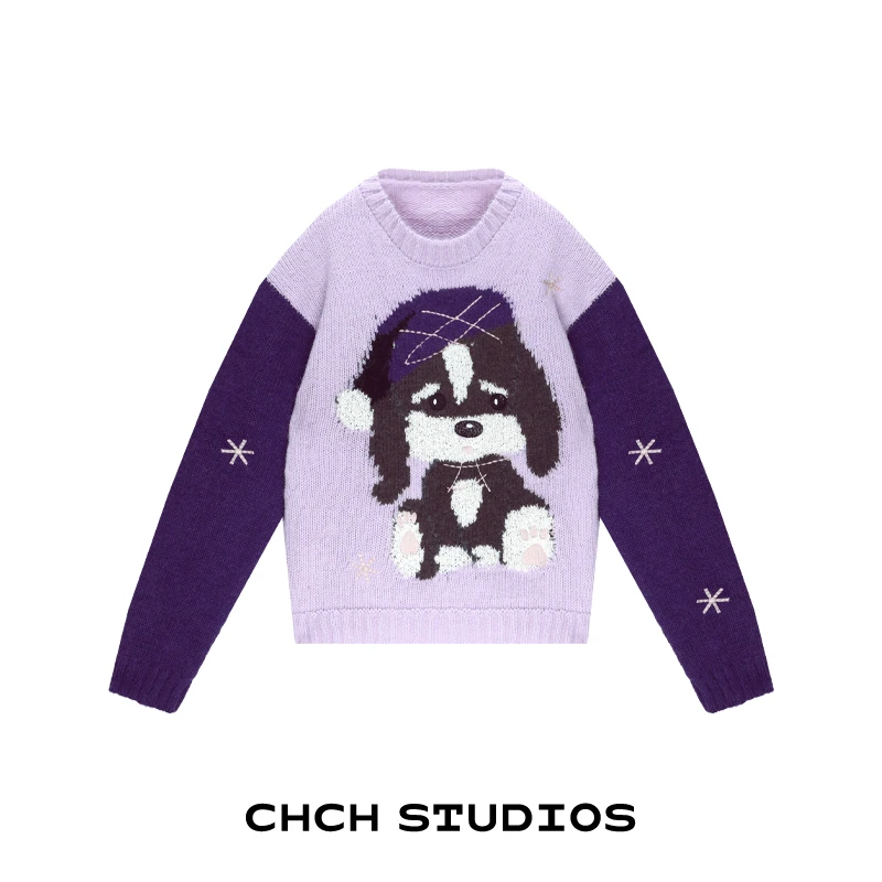 RAZZ113839时尚长袖圆领毛针织衫女2025年冬趣味小狗提花拼色毛衣