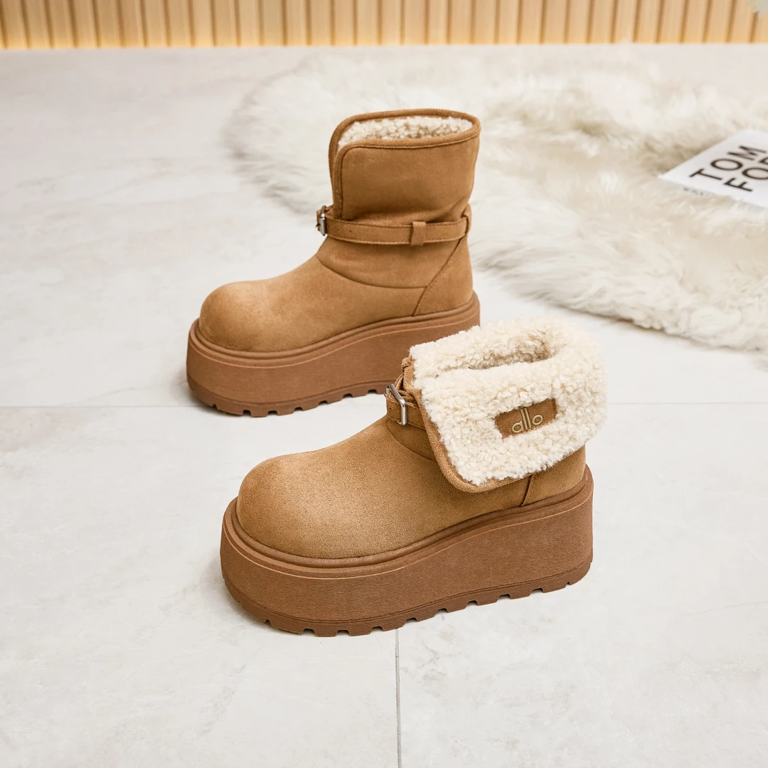 松糕厚底勃肯雪地靴女2025冬季新款真皮两穿增高加绒保暖棉鞋短靴