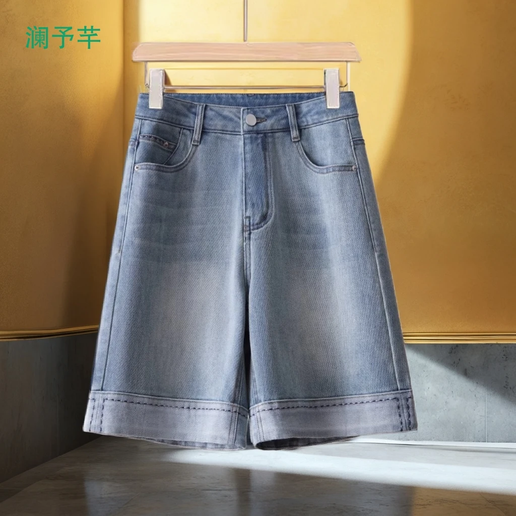 2025夏季新款五分高腰a字阔腿直筒显瘦百搭牛仔短裤女中裤