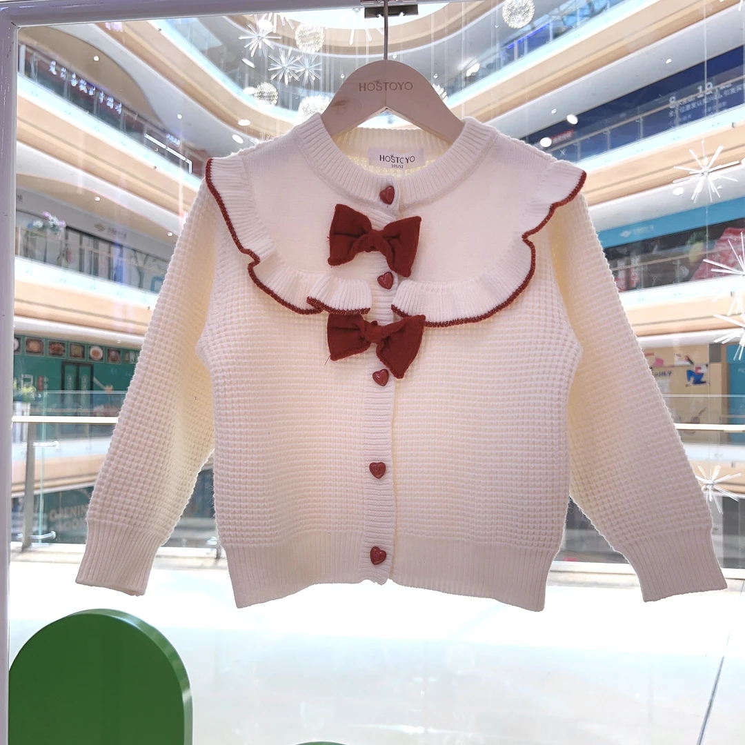2024冬季女童时尚百搭蝴蝶结花边针织开衫15830230022