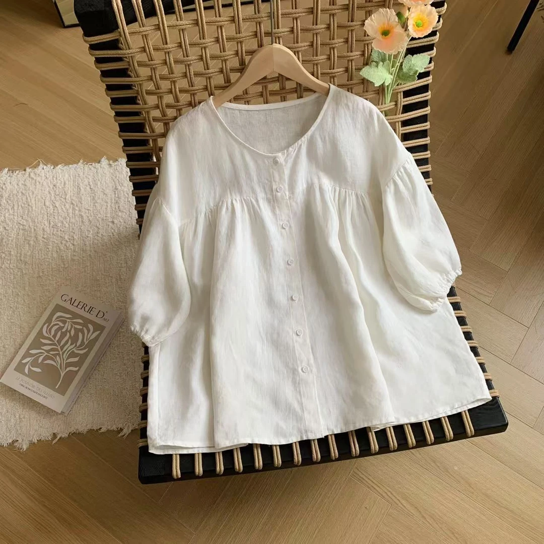 素心轻奢 2025夏季复古文艺亚麻衬衫森系娃娃衫减龄气质上衣