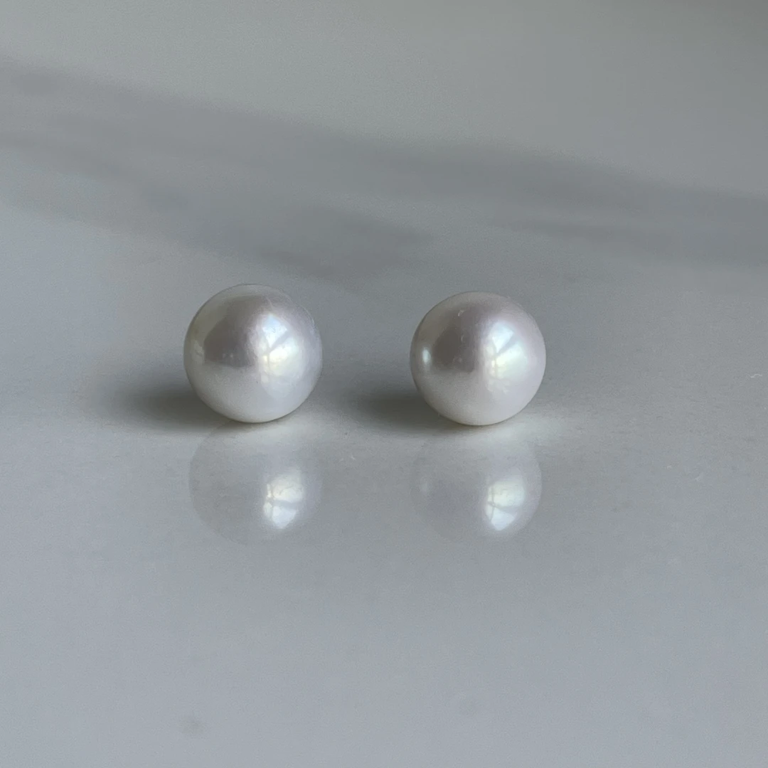 正圆淡水珍珠耳钉银8-9 mm极光赛澳白白色气质简约百搭