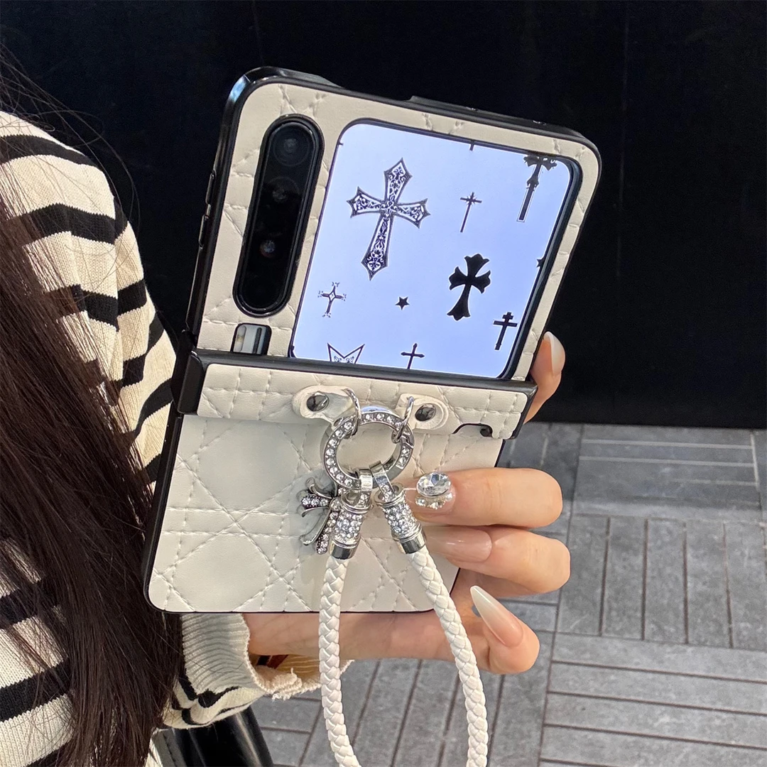 适用华为purax折叠屏手机壳小香风针线pocket2纯色皮纹十字架手绳