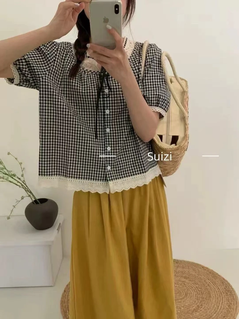 格子衬衫女夏季2025年新款法式设计感小众蕾丝花边系带短袖上衣潮