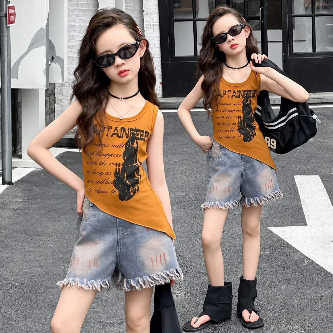 女童装夏季时髦洋气中大儿童女孩不规则背心流苏牛仔短裤两件套装