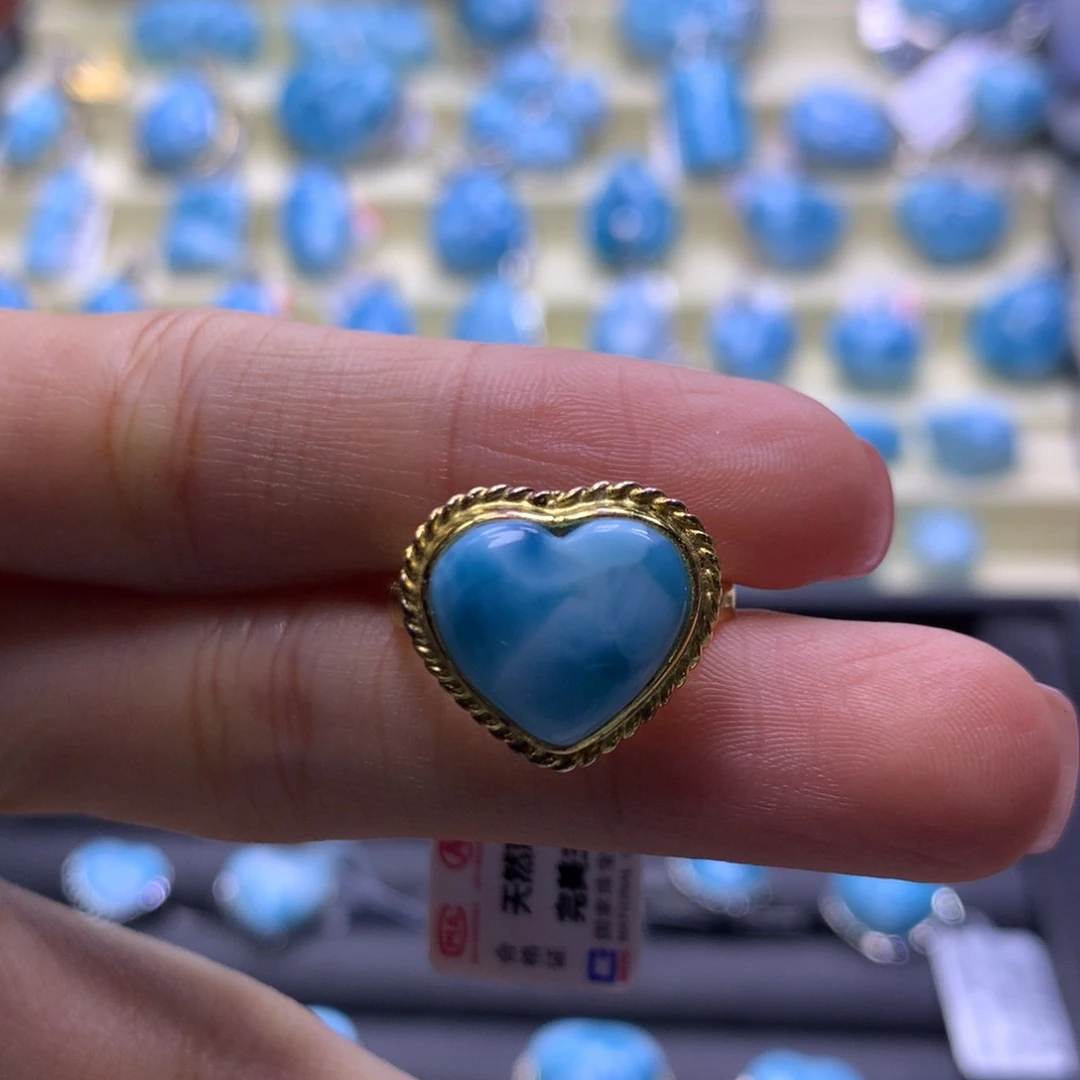 针钠钙石（海纹石）银S925镶嵌戒指爱心戒指色差略异