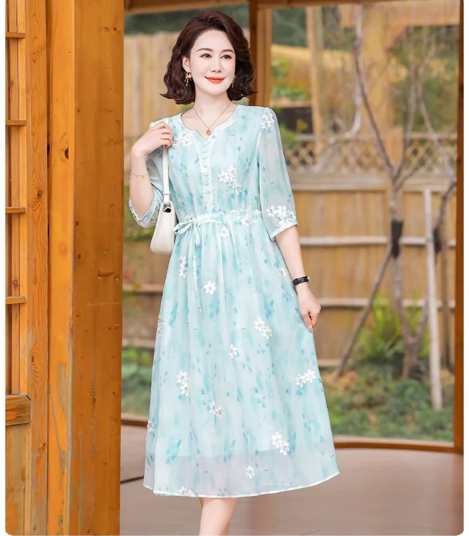 【时装高定款】天空蓝气质修身时尚休闲夏季高端大码妈妈连衣裙
