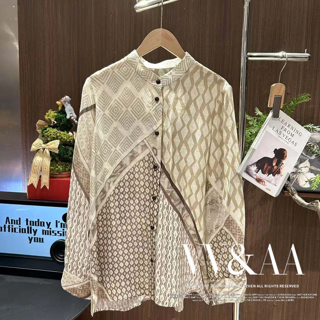 VV&AA 新款复古设计感宽松休闲花纹拼接衬衫 D6850