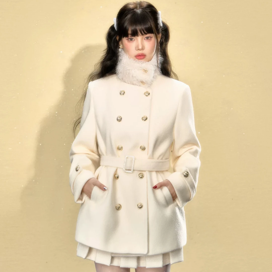 QDQD 立领呢子大衣女冬季新款高级感气质显瘦系腰带收腰毛呢外套