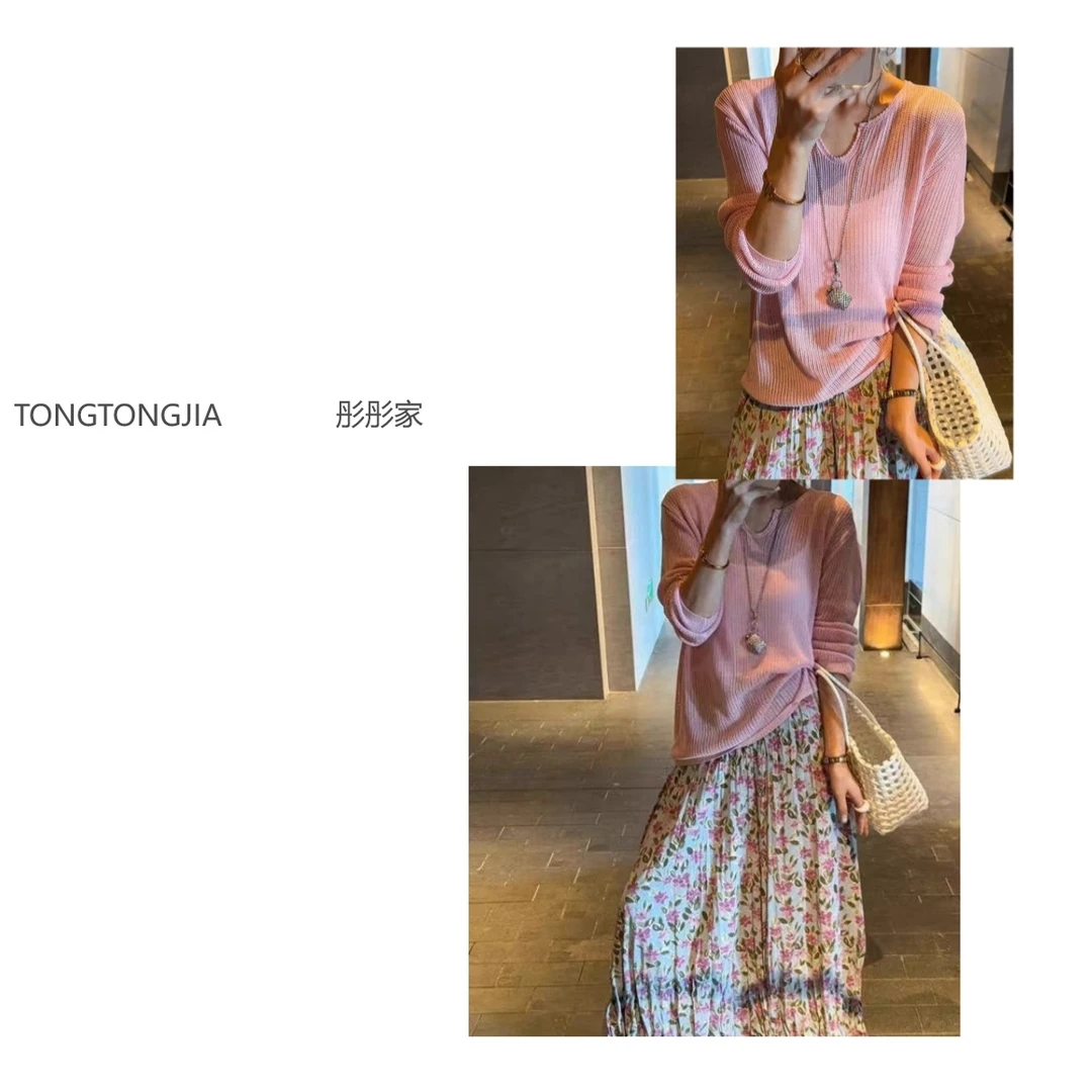 【TONGTONGJIA】韩系穿搭2025新款镂空针织衫+碎花压褶半身裙两件套