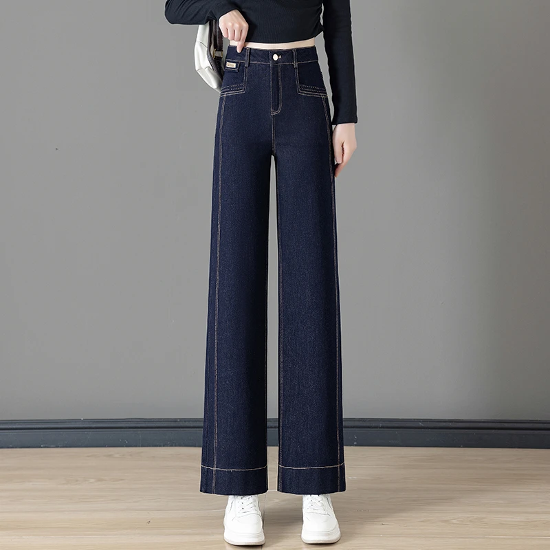 丹宁蓝直筒牛仔裤女2025春秋新款高腰显瘦宽松九分休闲窄版阔腿裤