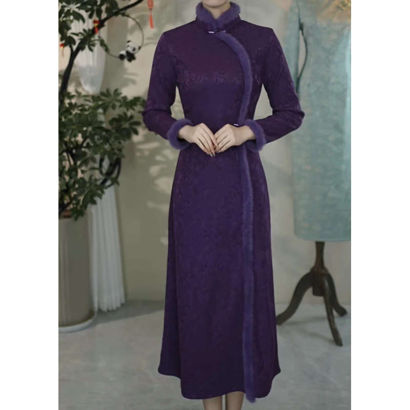 紫陌 冬季新款加绒保暖气质修身显瘦奥黛改良旗袍裙，A102974