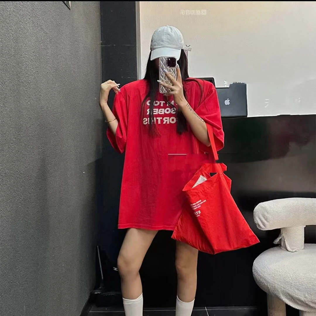 夏季新款【三排字母】半袖宽松遮屁屁垫肩T恤半袖