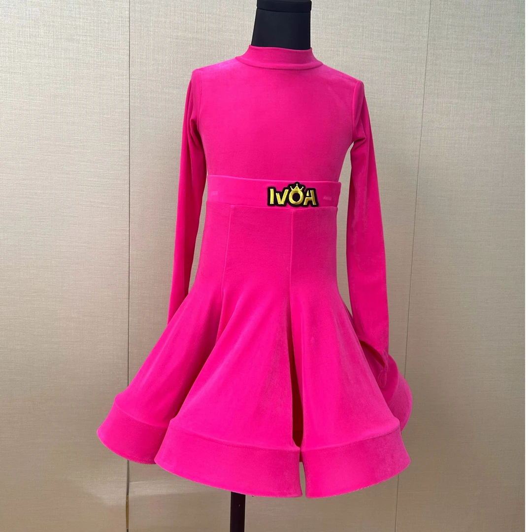 拉丁比赛规定服云感丝绒粉色长袖分体两件套大裙摆专业四季款