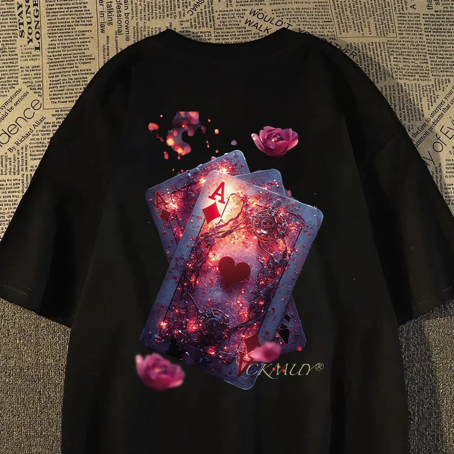 100%重磅纯棉短袖T恤男女同款夏小众轻奢潮流扑克宽松男装半袖ZNW