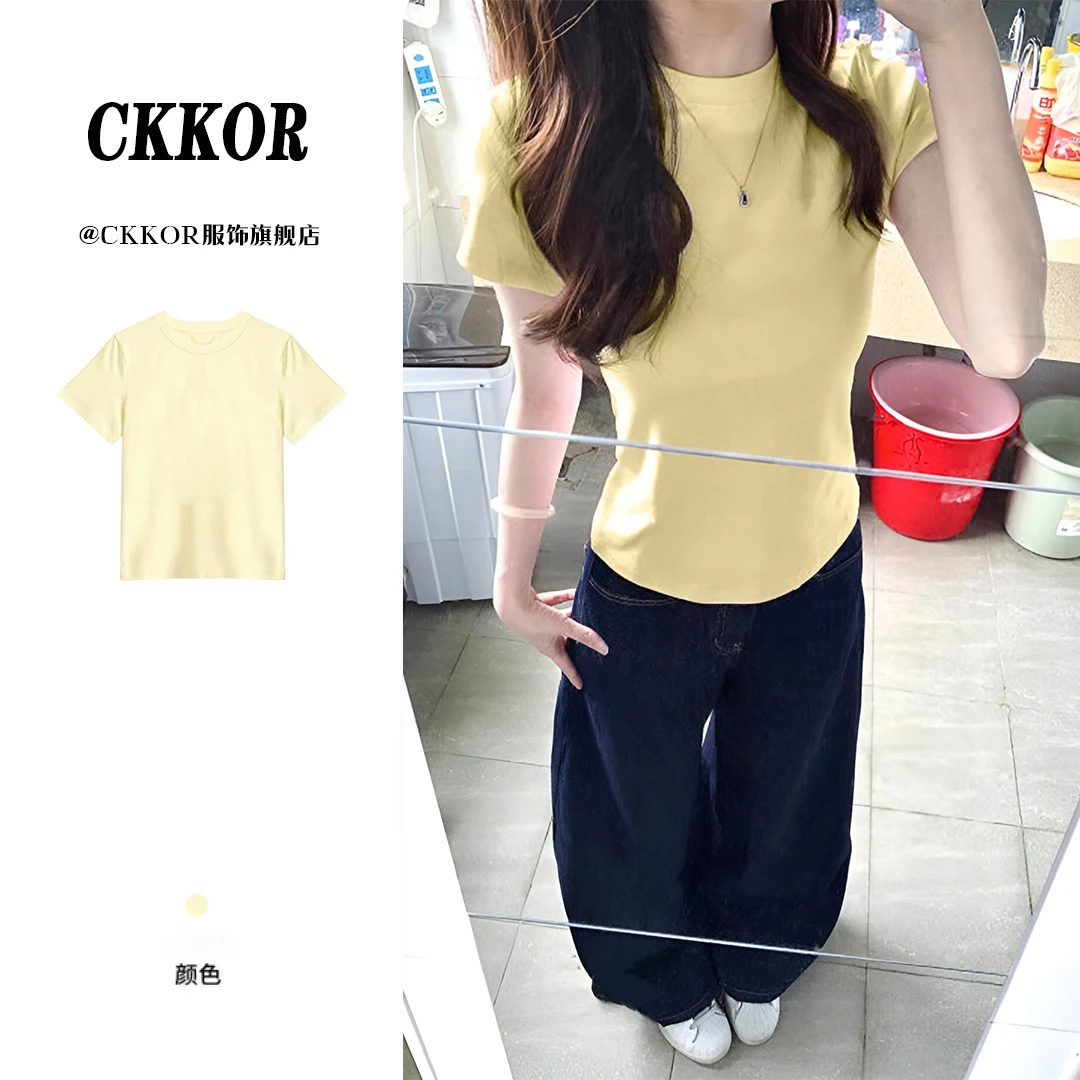 CKKOR夏季新款圆领正肩短袖t恤女韩系简约设计款修身显瘦穿搭上衣