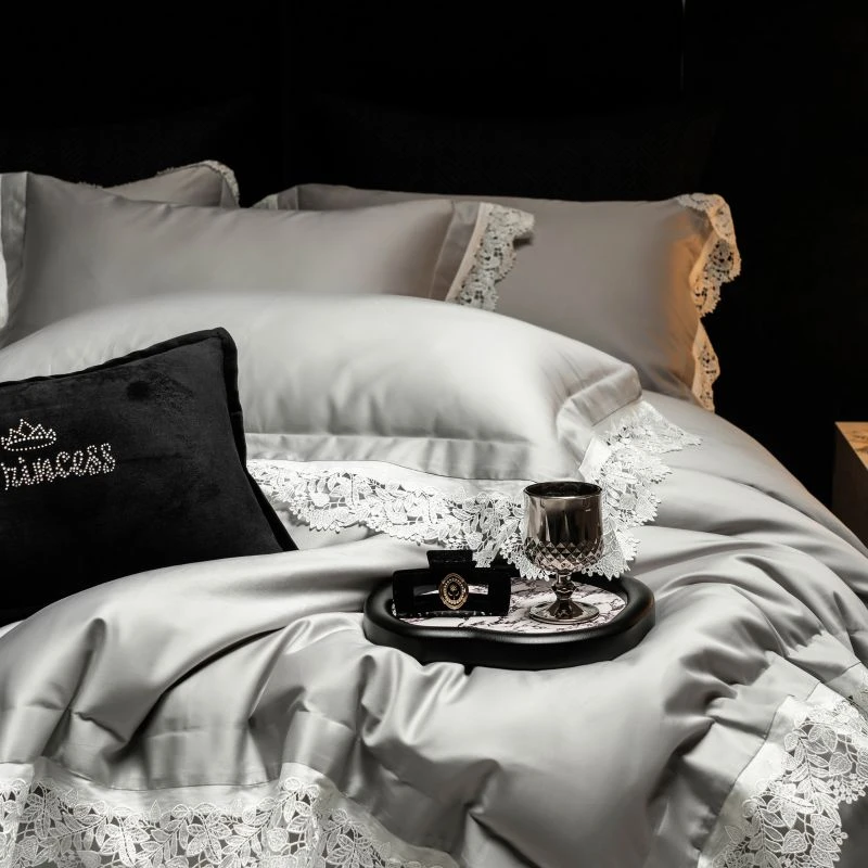 高端蕾丝轻奢风长绒棉纯棉四件套简约四季款被套床上用品灰粉金色