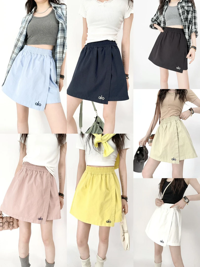 alo条纹夏季高腰刺绣透气中腰短裤大码阔腿韩版抽绳森系