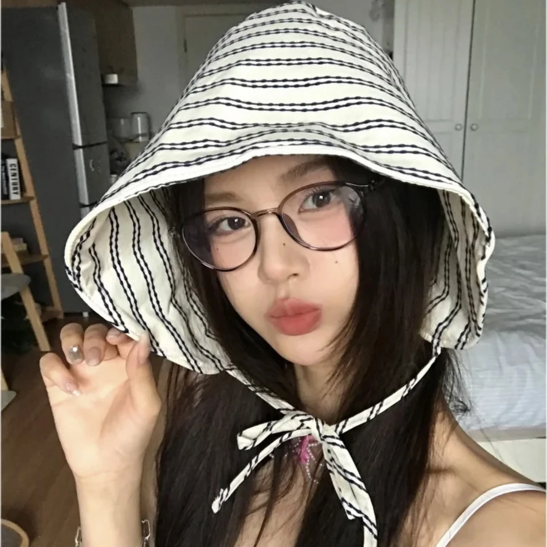 法式新款大檐条纹渔夫帽子女小众百搭显脸小遮脸水桶遮阳防晒帽