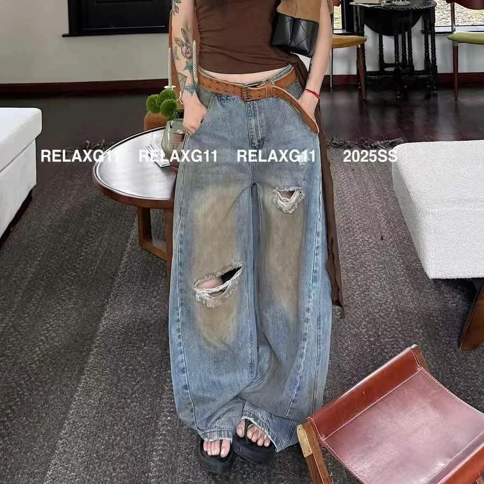Nice-复古做旧破洞夏季宽松休闲裤腿弯刀牛仔裤