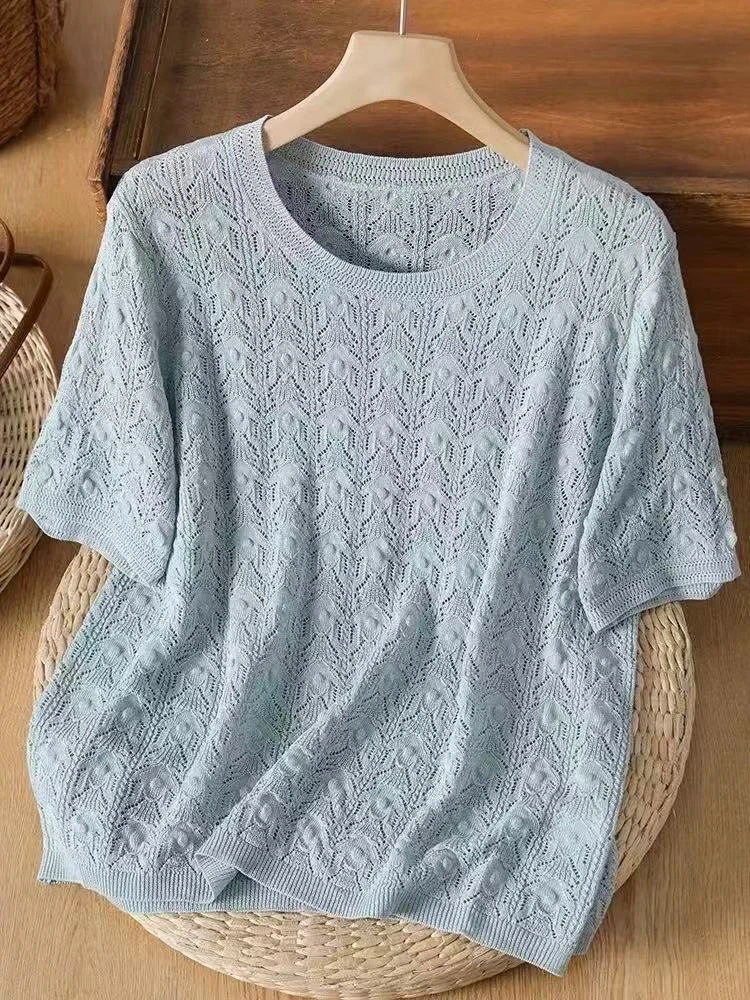 【自带凉意】95%汉麻短袖套头针织衫花边圆领镂空钩花上衣夏季