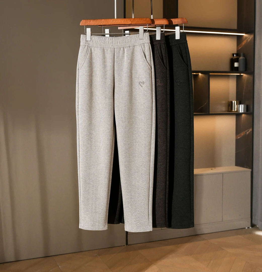 春季新款高腰妈妈毛呢裤子宽松直筒显瘦长裤中年大码中老年女裤