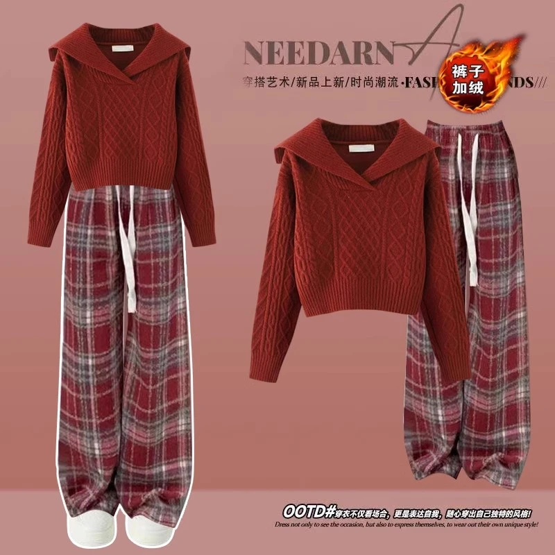 新年穿搭一整套大童秋冬毛衣格子休闲裤中学生套装12-18岁女潮款
