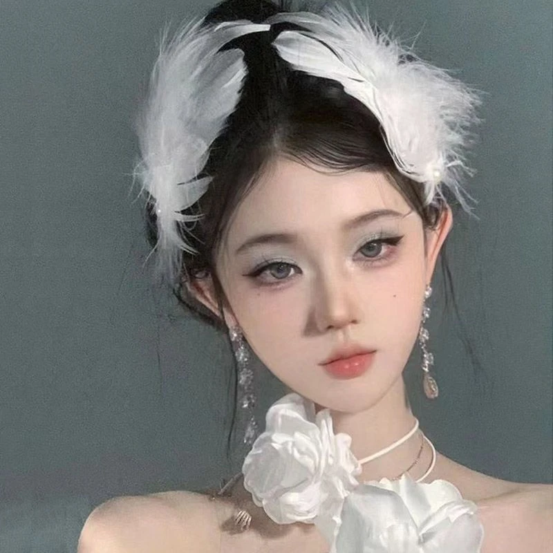 白天鹅仙气羽毛发夹芭蕾公主边夹新娘婚纱发饰纯欲风复古头饰d3