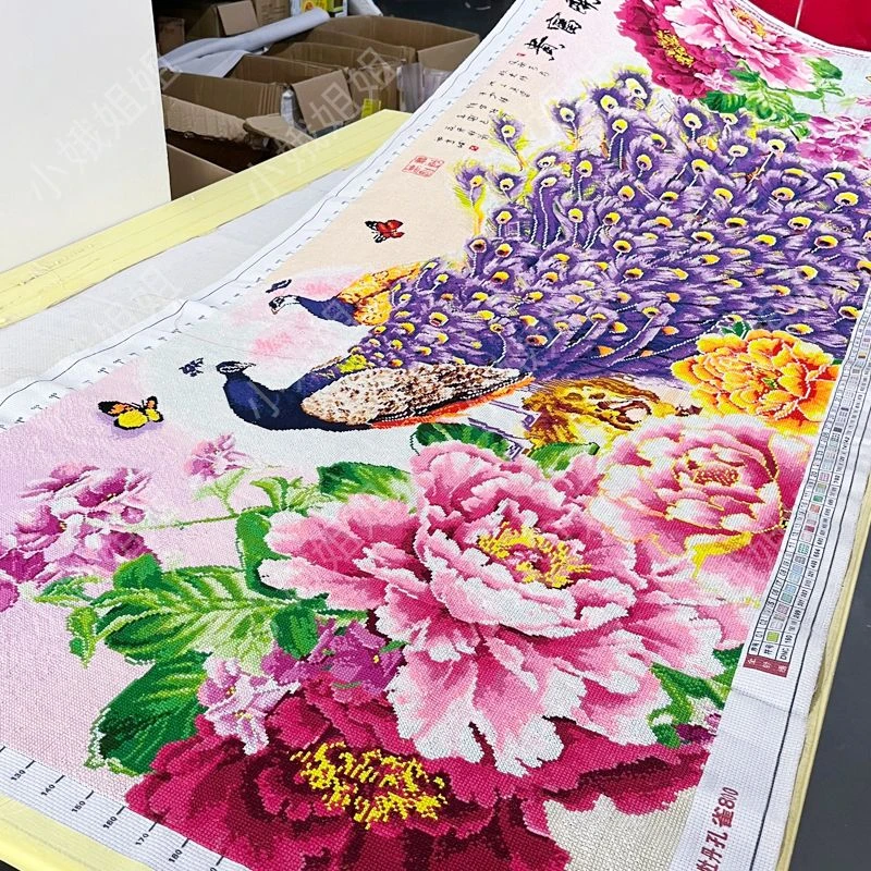 孔雀十字绣成品不带框纯手工出售绣好的2025新款高端客厅牡丹花卉