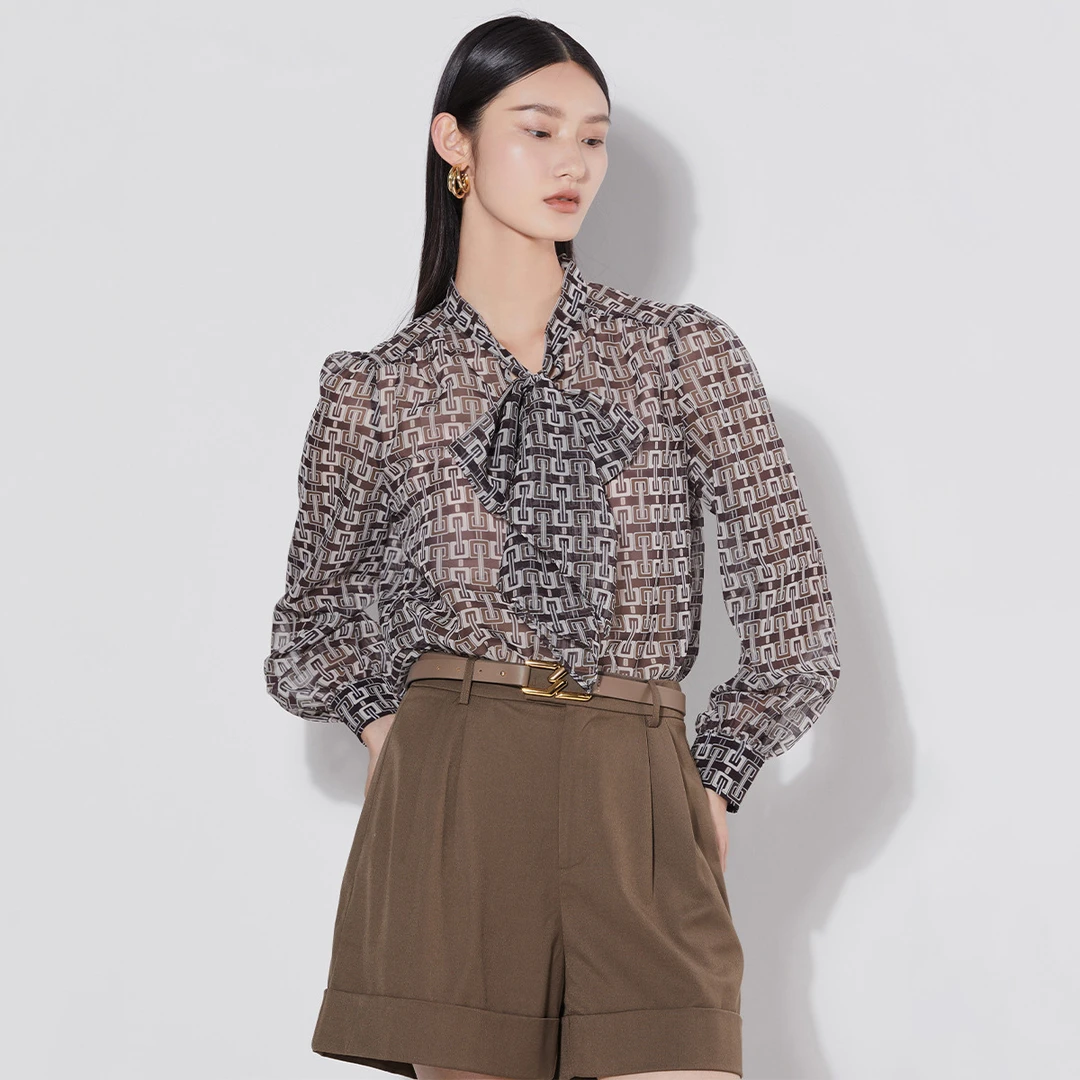 【粉丝专属】衬衫女夏季设计感飘带长袖印花小众薄款衬衣M331828