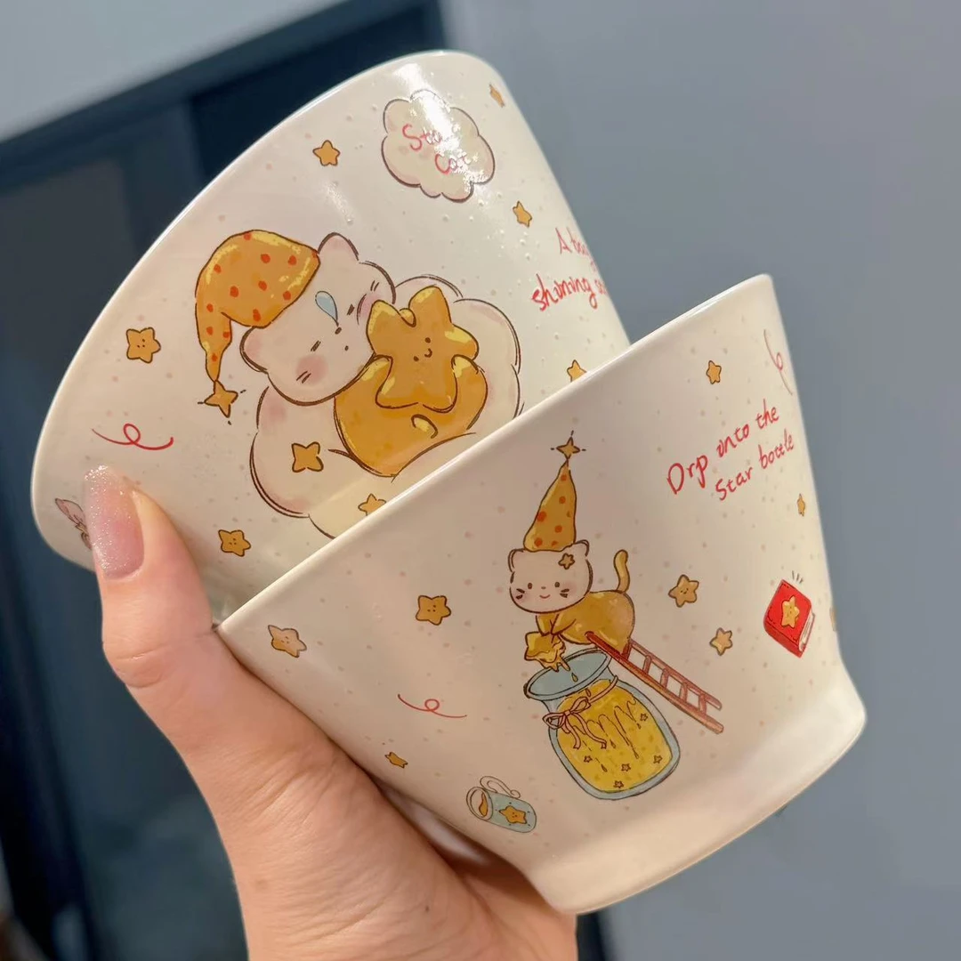 【圆和圈】出口尾单 哑光斗笠碗 可爱陶瓷碗 星星小猫碗两个装