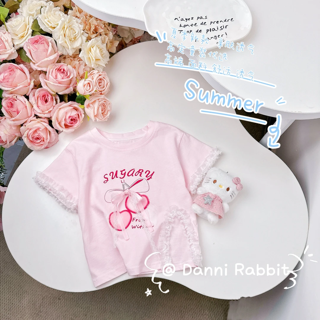 「Dannirabbit」美式复古樱桃蕾丝开叉女童短袖G-6493