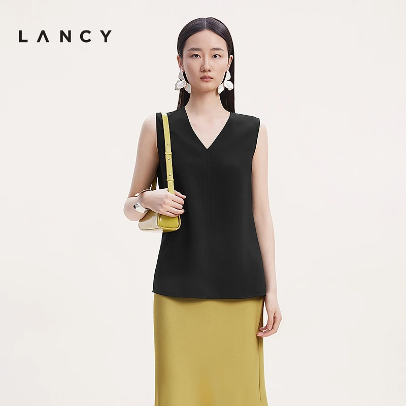 LANCY/朗姿2025秋新款气质松弛感V领无袖马甲女简约高级黑色上衣