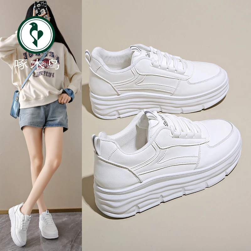 【正品】啄木鸟新款皮面女鞋春季小白鞋厚底内增高时尚休闲鞋百搭