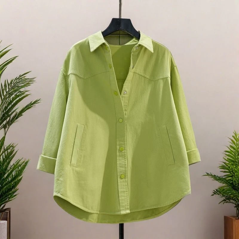 牛油果绿纯棉衬衣外套女春秋新款时尚宽松长袖高级衬衫真口袋上衣