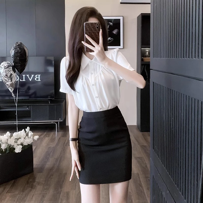 医美前台工作装收银职业套装售楼部工装女衬衣包裙两件套工作服夏