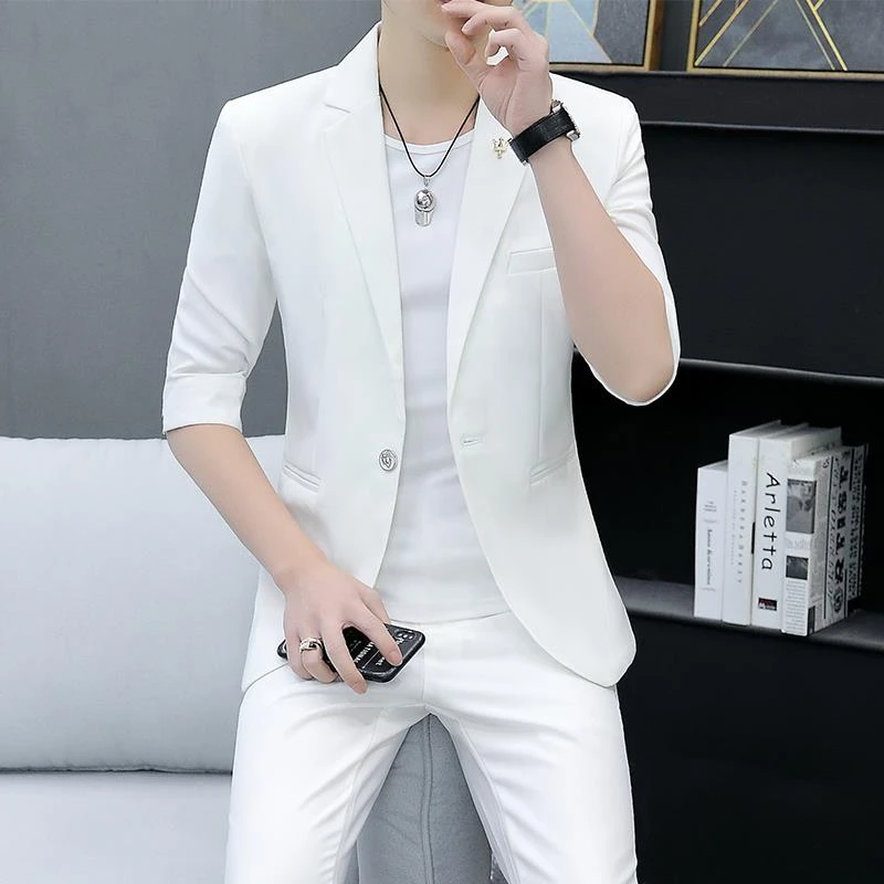 夏季男士西服七分袖套装青年休闲小西装学生韩版中袖薄外套男套装