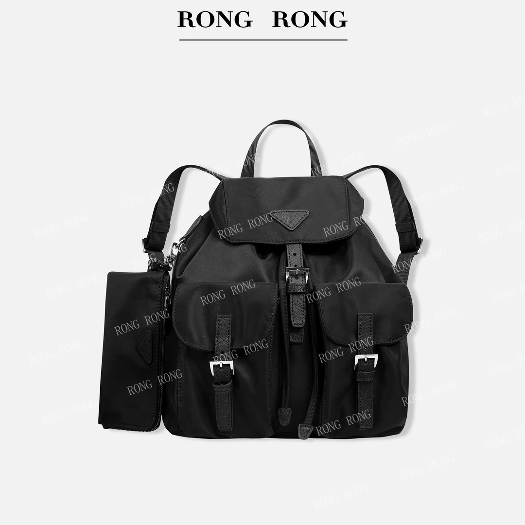 溶溶RONGRONG 再生尼龙+牛皮简约学院风双肩背包BDSS25HB004BK