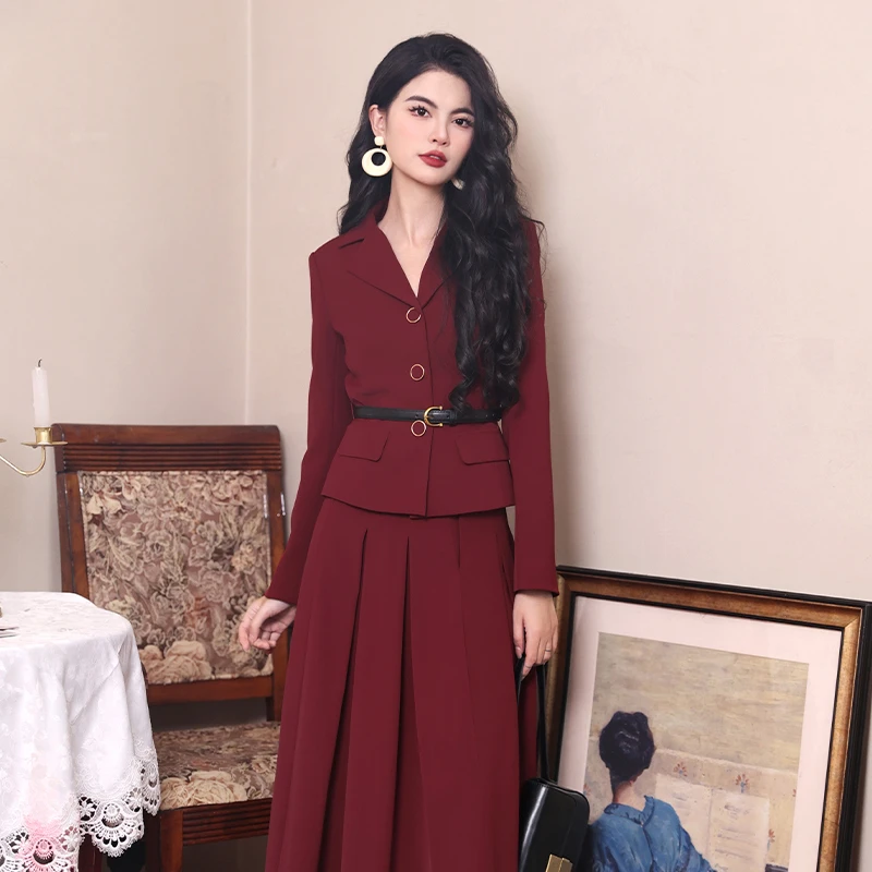 星月漫曲~春秋季复古酒红色新娘订婚结婚回门节日喜庆敬酒服套装